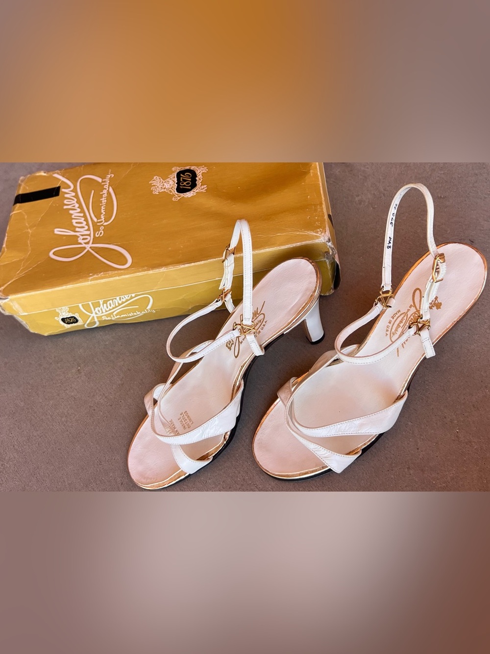 Rare Vintage 1960s Johansen Cherie White Gold Strappy Slingback Heels 8M Box USA